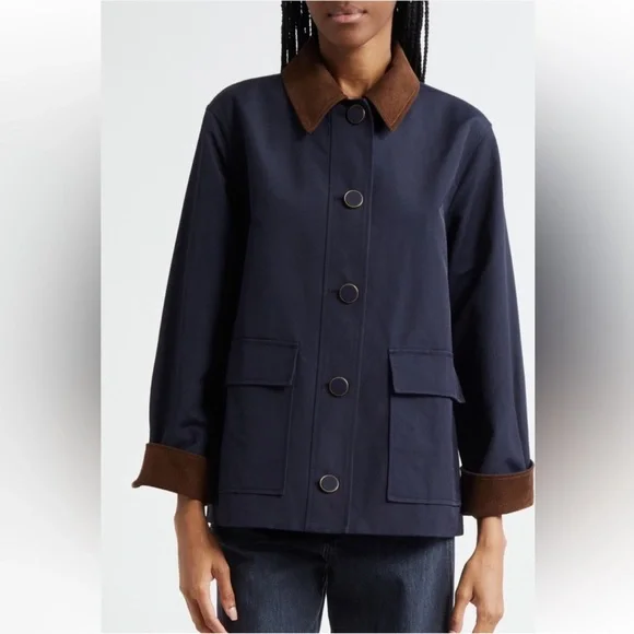 NWT Veronica Beard Arlen Corduroy Trim Barn Coat Navy Brown - Picture 1 of 12